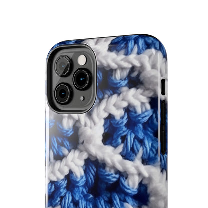 Blueberry Blue Crochet, White Accents, Classic Textured Pattern - Tough Phone Cases