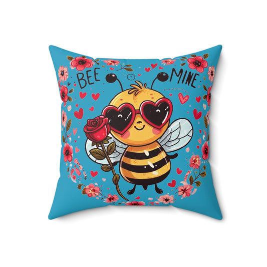 Whimsical Bee Love: Heartfelt Valentines Design with Floral Accents and Heart Sunglasses - Romantic - Spun Polyester Square Pillow