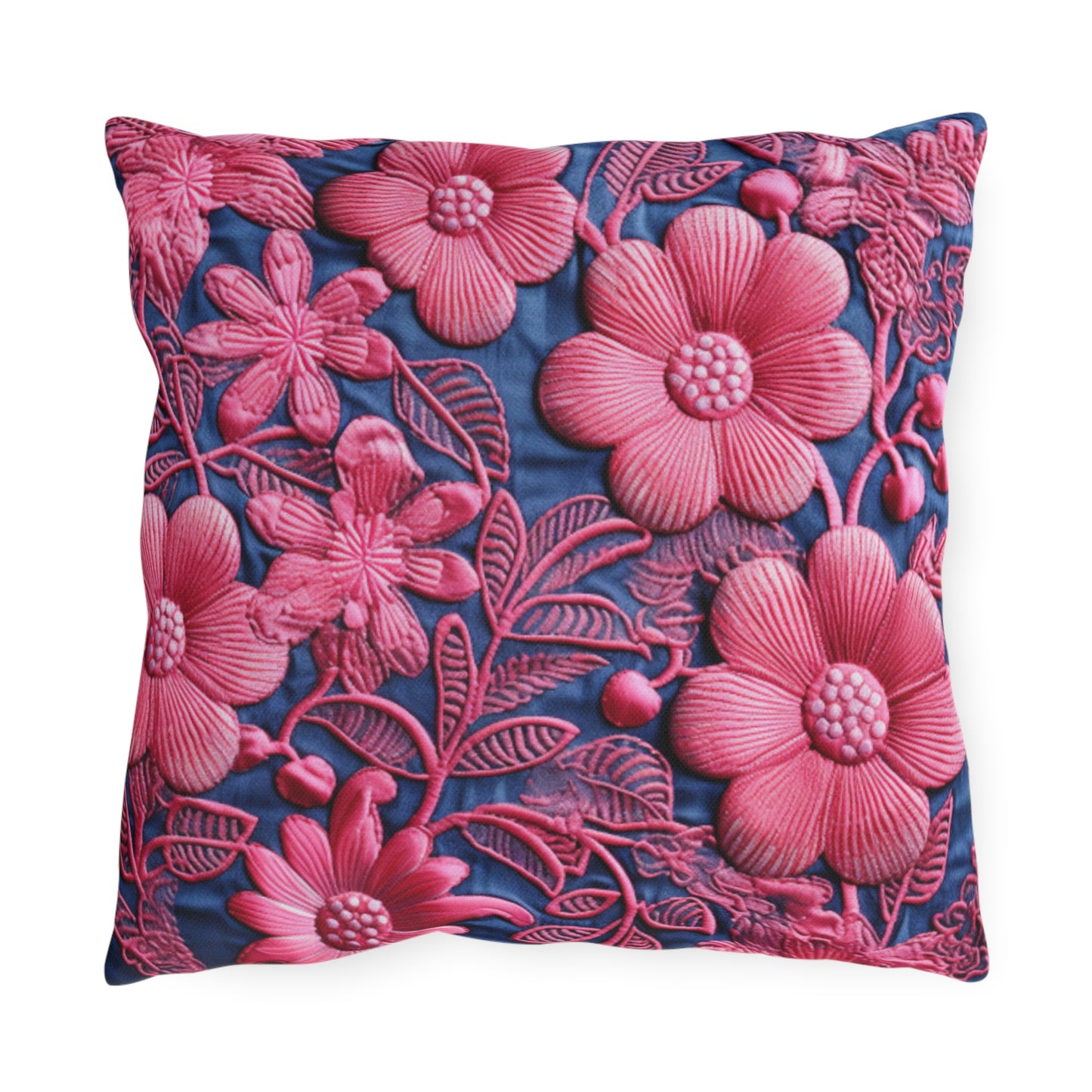 Denim Blue Doll Pink Floral Embroidery Style Fabric Flowers - Outdoor Pillows