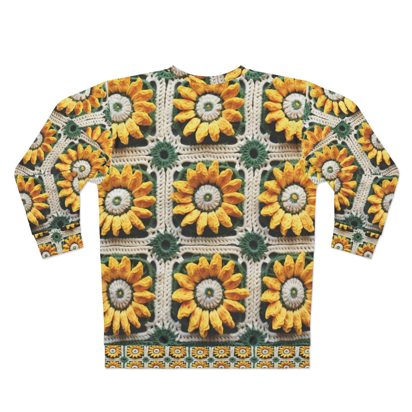 Elegancia de crochet de girasol, diseño Granny Square, motivo floral radiante. Lleva la calidez de los girasoles a tu espacio - Sudadera unisex (AOP) 