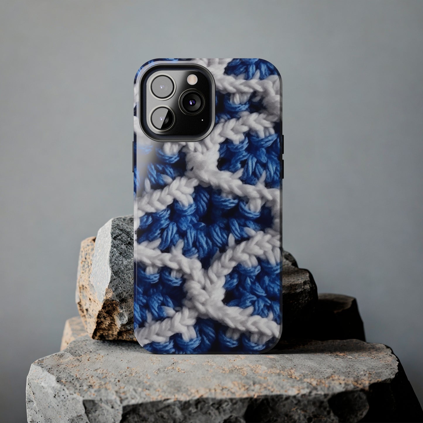 Blueberry Blue Crochet, White Accents, Classic Textured Pattern - Tough Phone Cases