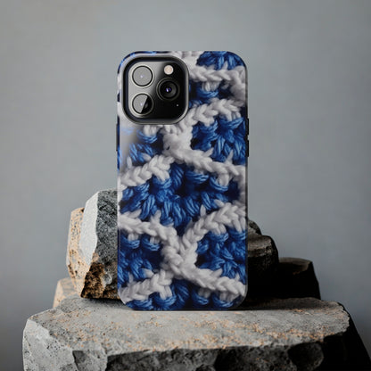 Blueberry Blue Crochet, White Accents, Classic Textured Pattern - Tough Phone Cases