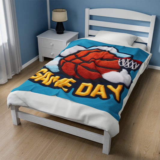 Game Day Basketball Chenille Patch Embroider Design - Velveteen Plush Blanket