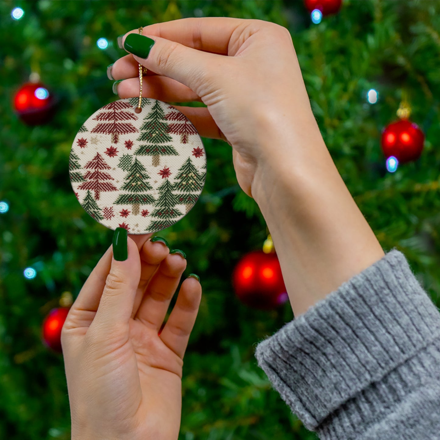 Embroidered Christmas Winter, Festive Holiday Stitching, Classic Seasonal Design - Ceramic Ornament, 4 Shapes