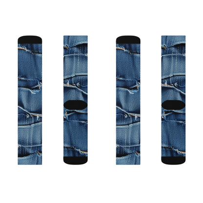 Midnight Blue Distressed Denim: Rugged, Torn & Stylish Design - Sublimation Socks