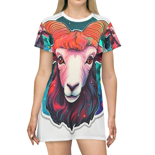 Aries Zodiac Sign - Vivid & Bright Color Cosmic Astrology Symbol - T-Shirt Dress (AOP)