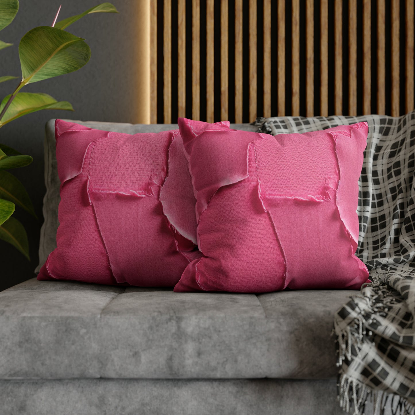 Distressed Neon Pink: Edgy, Ripped Denim-Inspired Doll Fabric - Spun Polyester Square Pillow Case