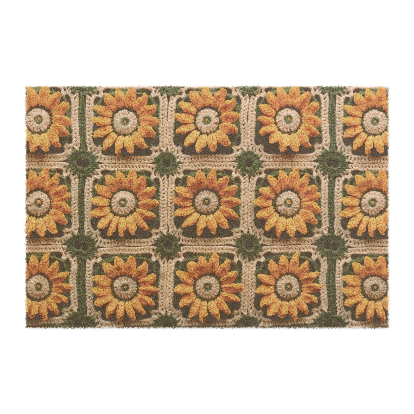 Sunflower Crochet Elegance, Granny Square Design, Radiant Floral Motif. Bring the Warmth of Sunflowers to Your Space - Door Coir Mat