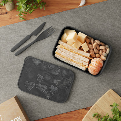 Black: Distressed Denim-Inspired Fabric Heart Embroidery Design - PLA Bento Box with Band and Utensils