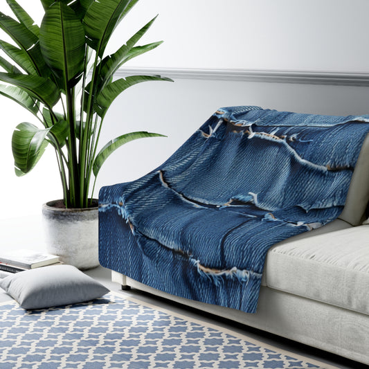 Midnight Blue Distressed Denim: Rugged, Torn & Stylish Design - Sherpa Fleece Blanket