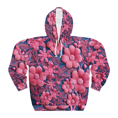 Denim Blue Doll Pink Floral Embroidery Style Fabric Flowers - Unisex Pullover Hoodie (AOP)