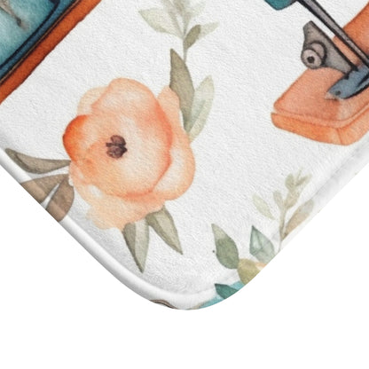 Watercolor Sewing Machines & Floral Bouquets: Antique Feminine Minimalist Styling - Bath Mat