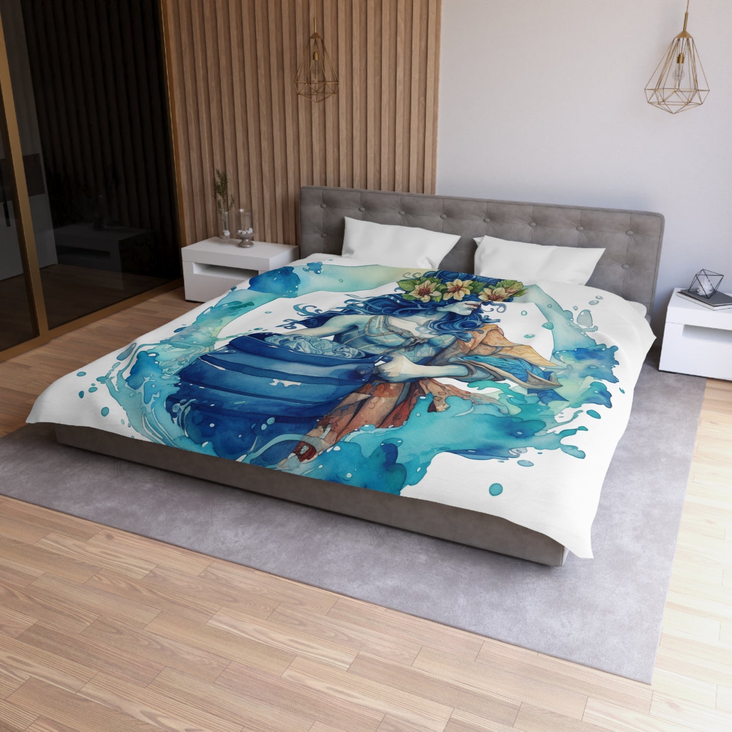 Artistic Aquarius Zodiac - Watercolor Water-Bearer Depiction - Microfiber Duvet Cover