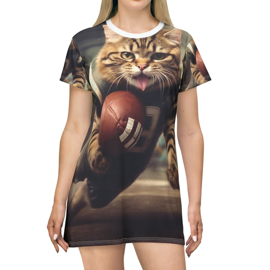 Football Field Felines: Kitty Cats in Sport Tackling Scoring Game Position - T-Shirt Dress (AOP)