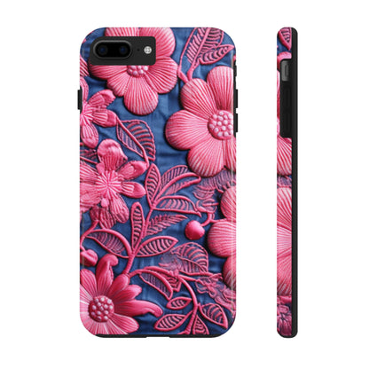 Denim Blue Doll Pink Floral Embroidery Style Fabric Flowers - Tough Phone Cases