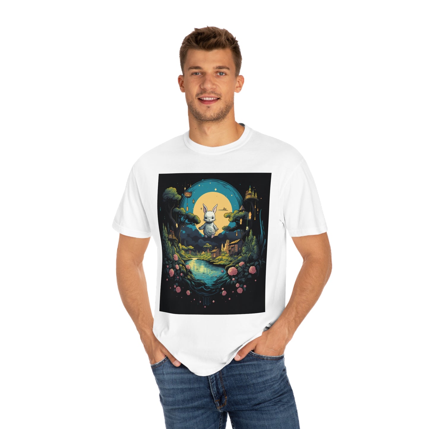 White Rabbit Mystery Psychedelic Fantasy Anime Cartoon Bunny - Unisex Garment-Dyed T-shirt