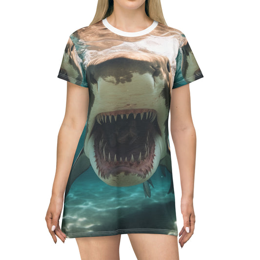 Bull Shark: River Monster Menace - Depredador realista de aguas oscuras - Vestido tipo camiseta (AOP) 