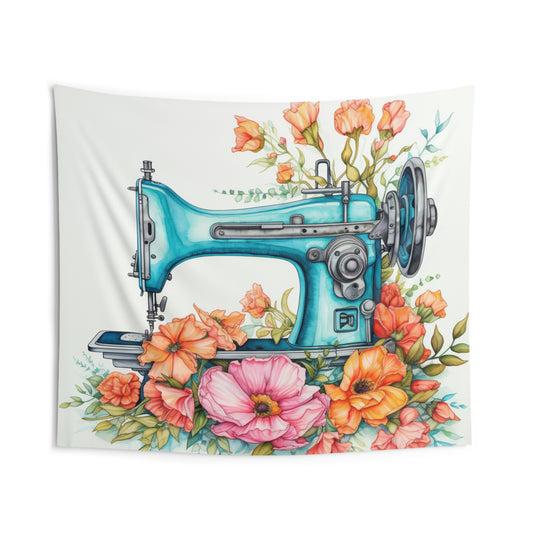 Aqua Blue Sewing Machine and Floral Watercolor Illustration, Artistic Craft - Indoor Wall Tapestries