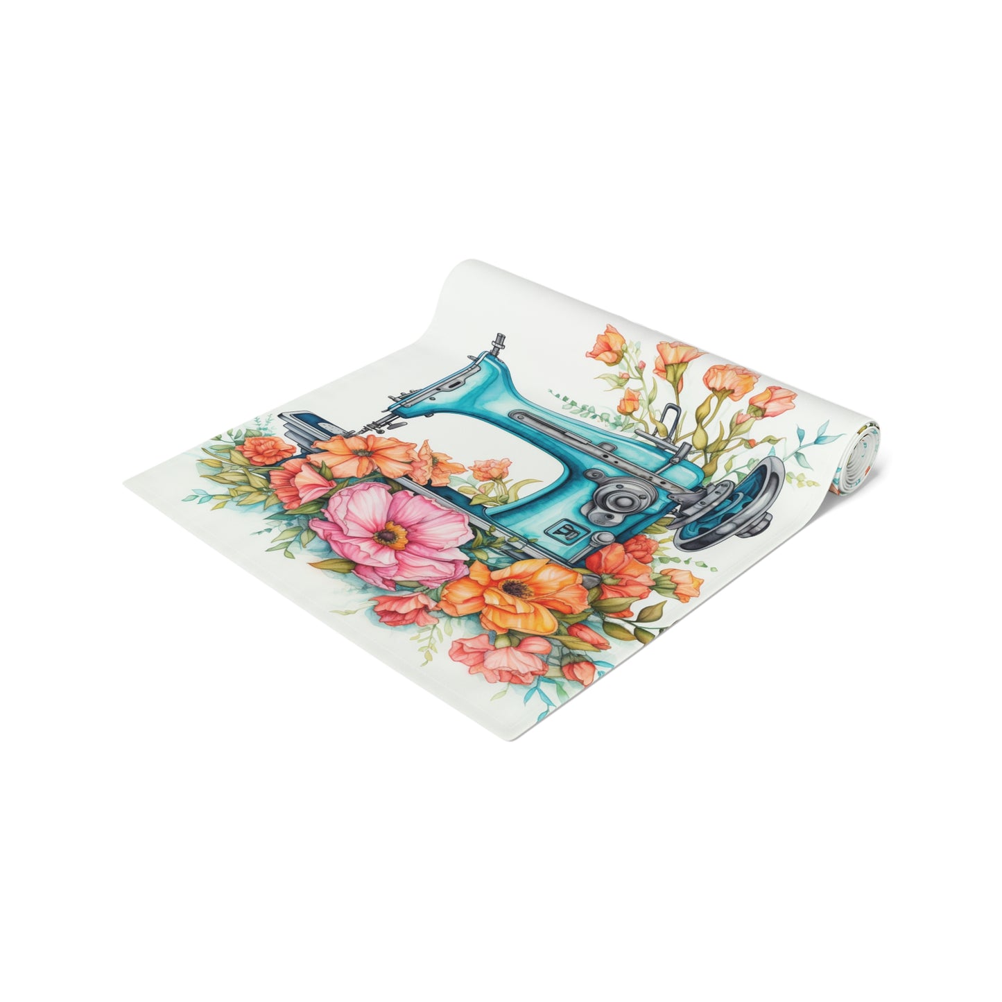 Aqua Blue Sewing Machine and Floral Watercolor Illustration, Artistic Craft - Table Runner (Cotton, Poly)