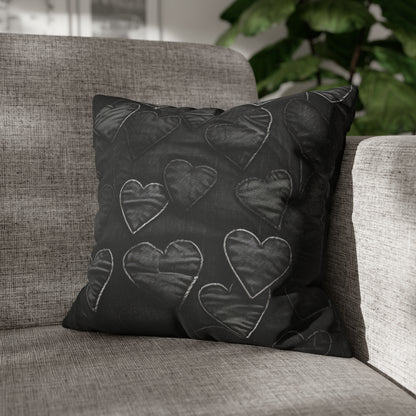 Negro azabache: diseño de bordado de corazón de tela inspirada en la mezclilla desgastada - Funda de almohada cuadrada de poliéster hilado 