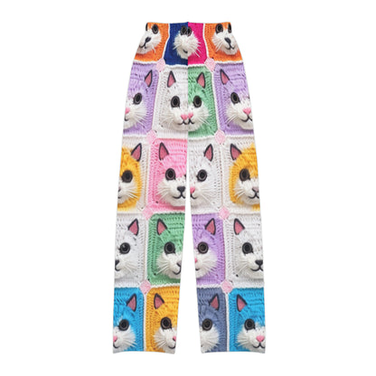 Gato de ganchillo, algodón de verano, felino, cárdigan de gato retro, creación de algodón de ganchillo gatito - Pantalones de pijama para niños (AOP) 