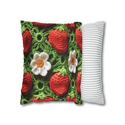 Strawberry Field Crochet - Forever Forest Greens - Fruit Berry Harvest Crop - Spun Polyester Square Pillow Case