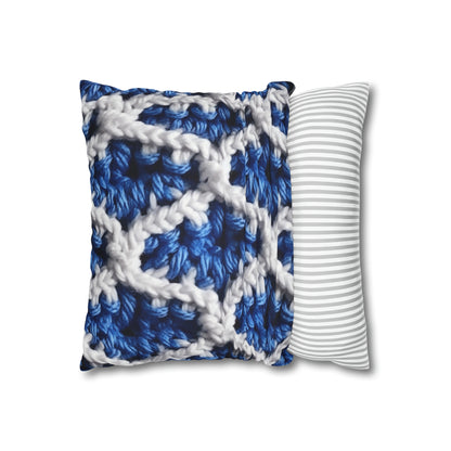 Blueberry Blue Crochet, White Accents, Classic Textured Pattern - Spun Polyester Square Pillow Case