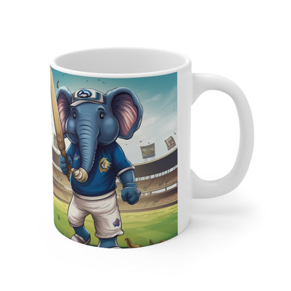 India Elephant Cricket Sport Star: Pitch, Run, Stump Game - Animated Charm - Ceramic Mug 11oz