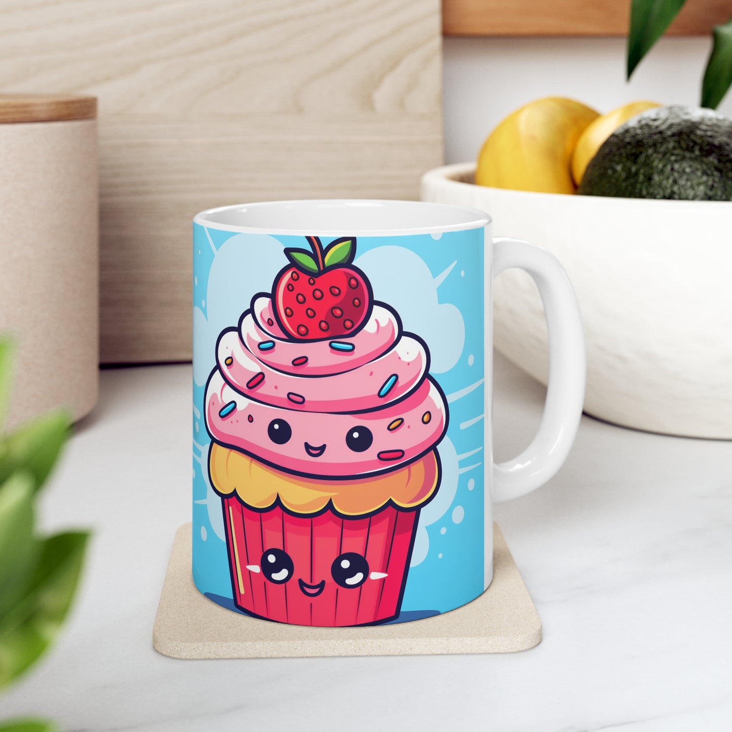 Strawberry Delight - Kawaii Cupcake Art - Sweet Anime Manga Dessert Charm - Ceramic Mug 11oz