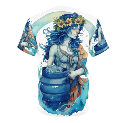 Zodíaco artístico de Acuario - Representación del portador de agua en acuarela - Camiseta unisex de corte y costura (AOP) 