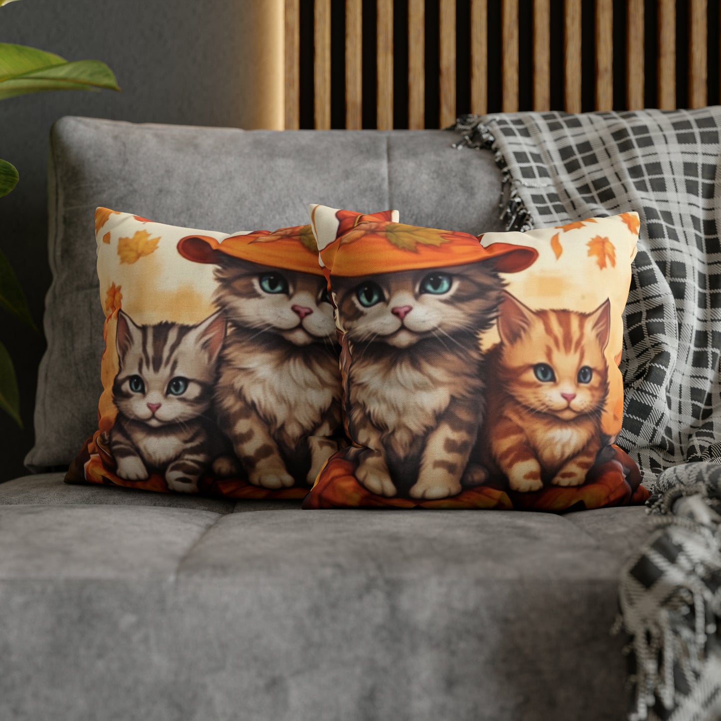 Kitty Cat Kittens Halloween - Cute Furries on Pumpkin - Festive Feline Decor - Spun Polyester Square Pillow Case