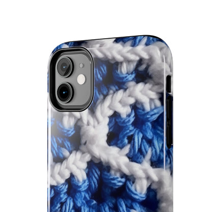 Blueberry Blue Crochet, White Accents, Classic Textured Pattern - Tough Phone Cases