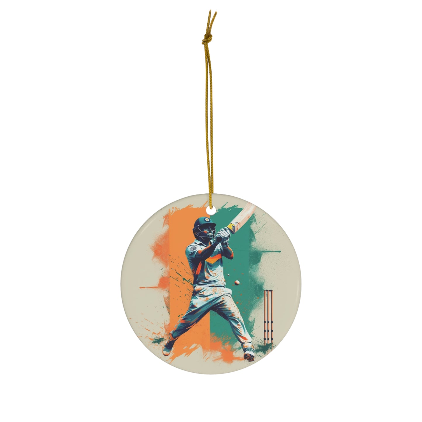 Cricket Batsman, Ball Strike, Indian Flag Color Background - Street Style - Ceramic Ornament, 4 Shapes