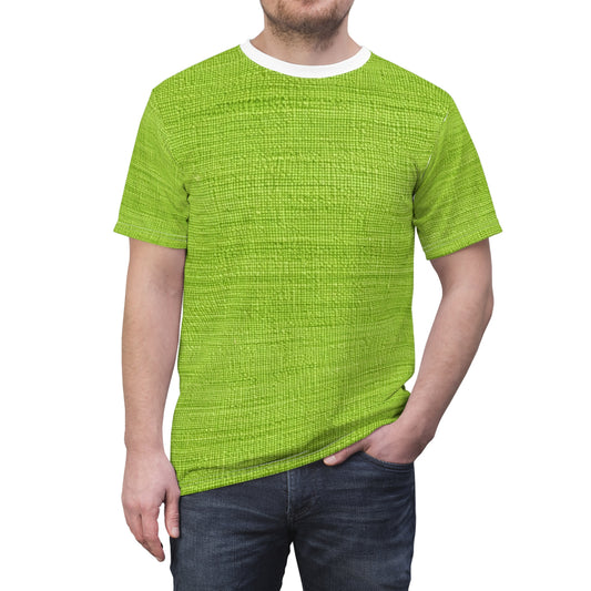 Lush Grass Neon Green: estilo de tela primaveral inspirado en la mezclilla - Camiseta unisex de corte y costura (AOP)