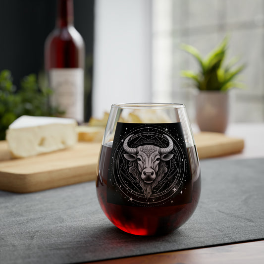 Taurus Zodiac - Stemless Wine Glass, 11.75oz - Restaurant-Grade Clear Glass - Unique Black & White Design