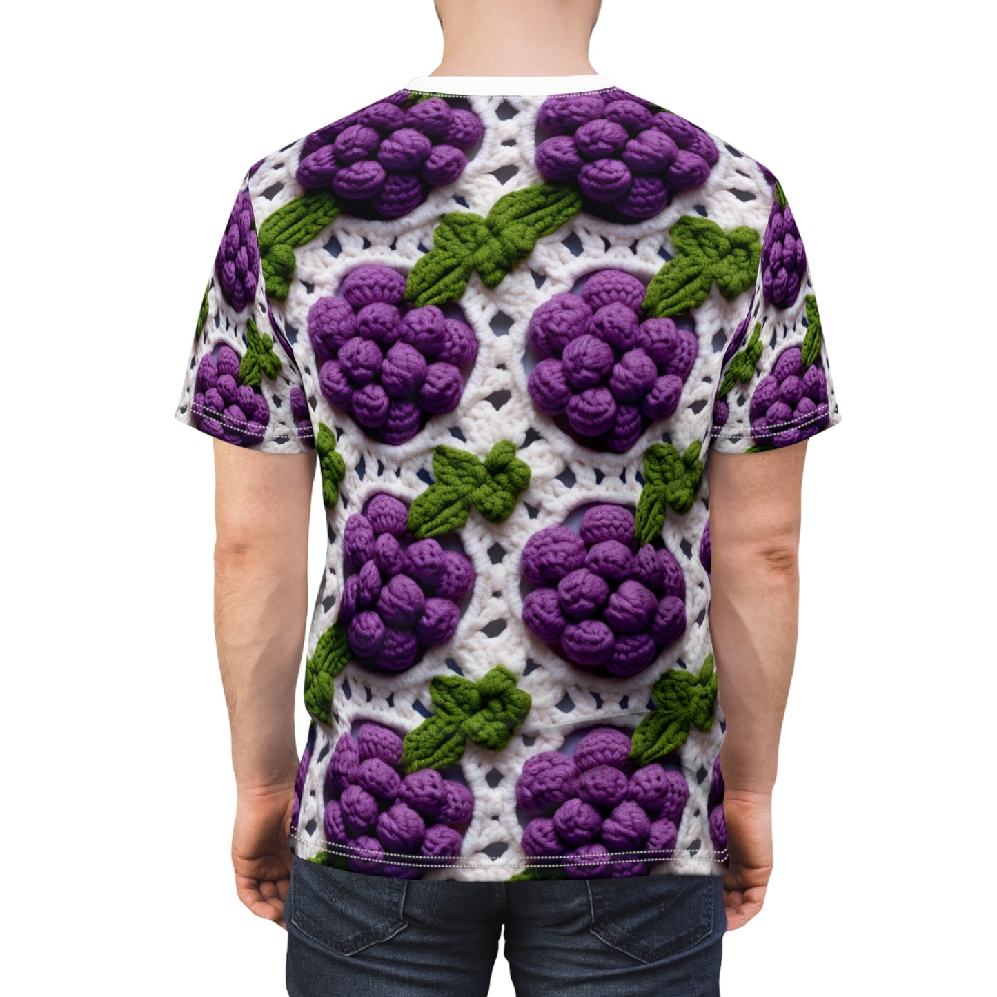 Crochet Grapes Pattern - Granny Square Design - Fresh Fruit Pick - Orchard Purple Snack Food - Unisex Cut & Sew Tee (AOP)