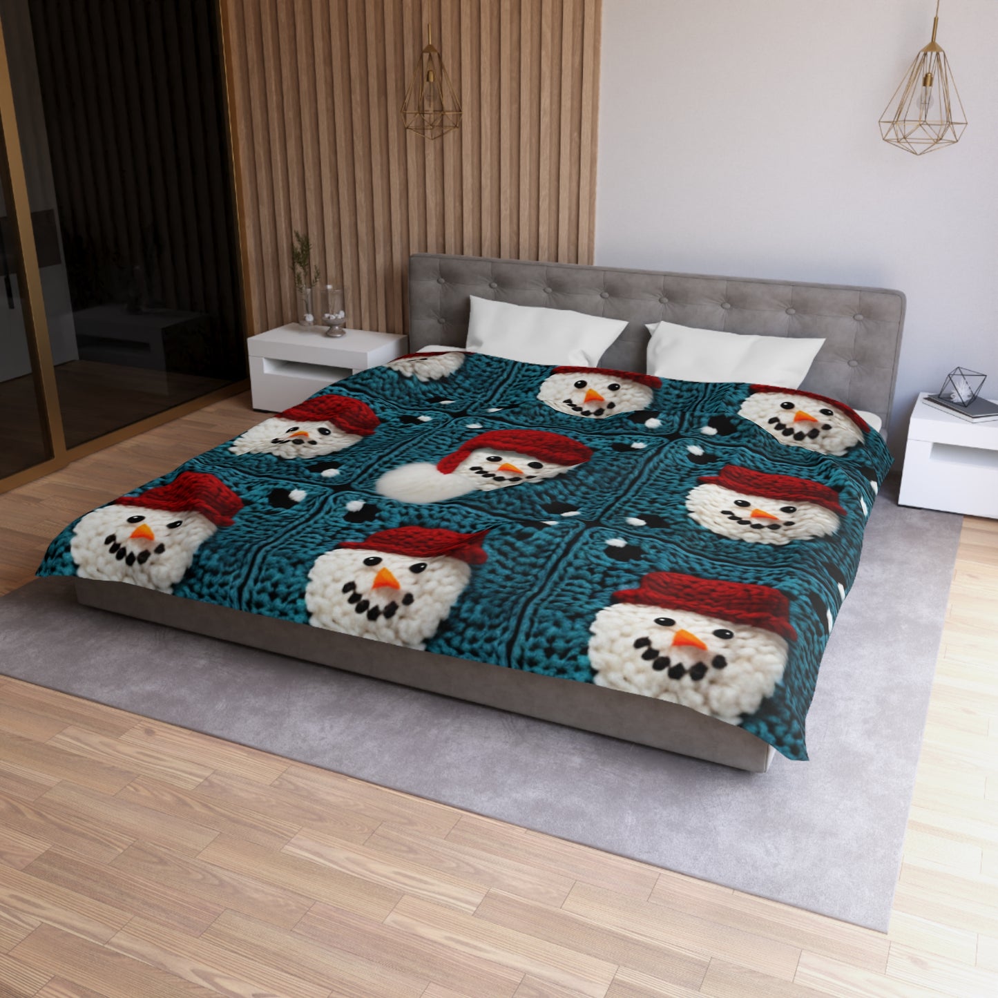 Snowman Crochet Craft, Festive Yuletide Cheer, Winter Wonderland - Microfiber Duvet Cover