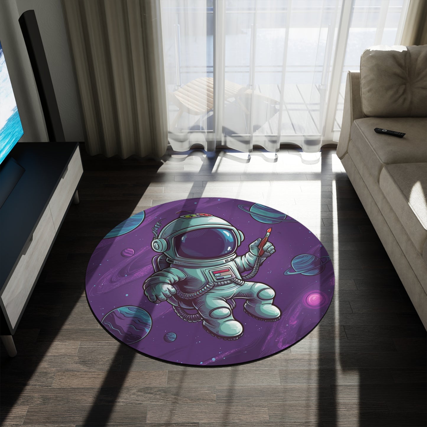 Galactic Astronaut Round Rug - Space Explorer Carpet, Cosmic Adventure Floor Decor, Sci-Fi Themed Area Rug, Cartoon Spaceman Mat