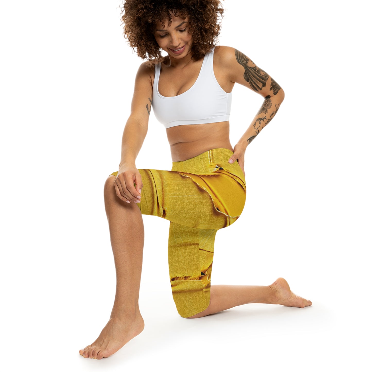 Banana Yellow Lemon: Bold Distressed, Denim-Inspired Fabric - Women’s Capri Leggings (AOP)