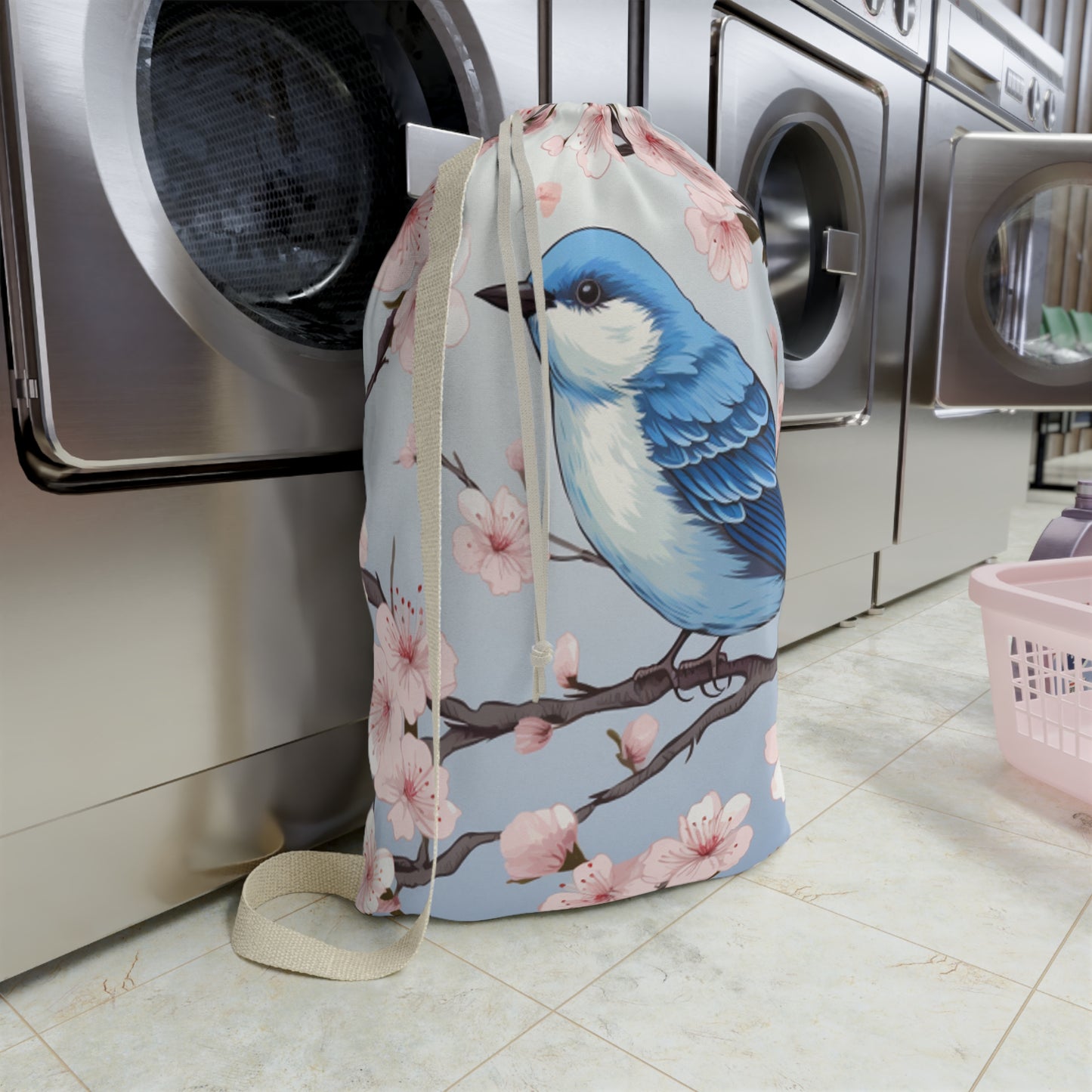 Cherry Blossom Tree Blue Bird Laundry Bag