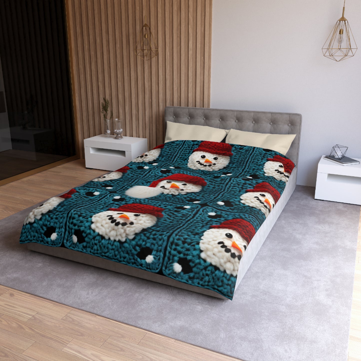 Snowman Crochet Craft, Festive Yuletide Cheer, Winter Wonderland - Microfiber Duvet Cover