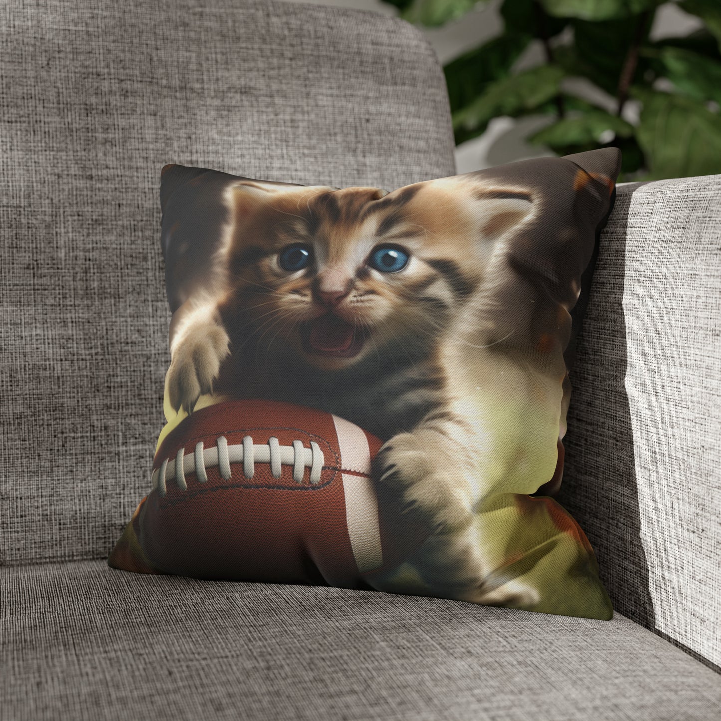 Football Kitten Touchdown: Tabby's Winning Play Sport Game - Spun Polyester Square Pillow Case