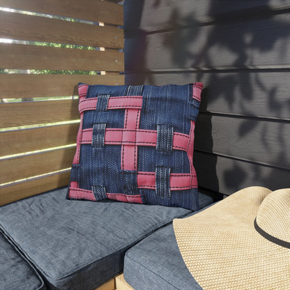 Candy-Striped Crossover: Pink Denim Ribbons Dancing on Blue Stage - Outdoor Pillows