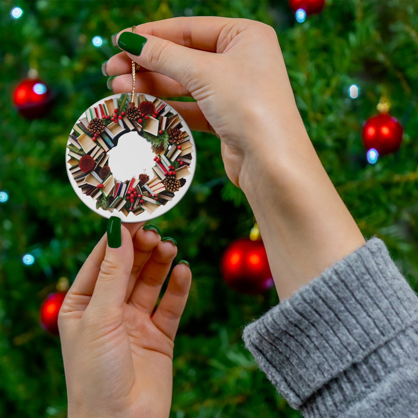 Holiday Book Wreath: Festive Literary Book Lover & Christmas Pinecone Arrangement - Ceramic Ornament, 4 Shapes