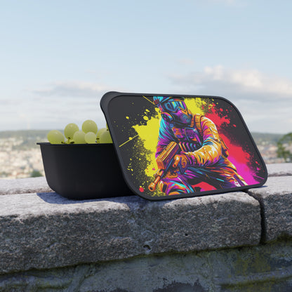 Paintball Action Sport: Player in Battle, Paint Splatter - PLA Bento Box with Band and Utensils