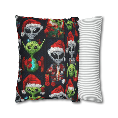 Festive Alien Invasion: Intergalactic Christmas Holiday Cheer with Santa Hats and Seasonal Gifts Crochet Pattern - Spun Polyester Square Pillow Case