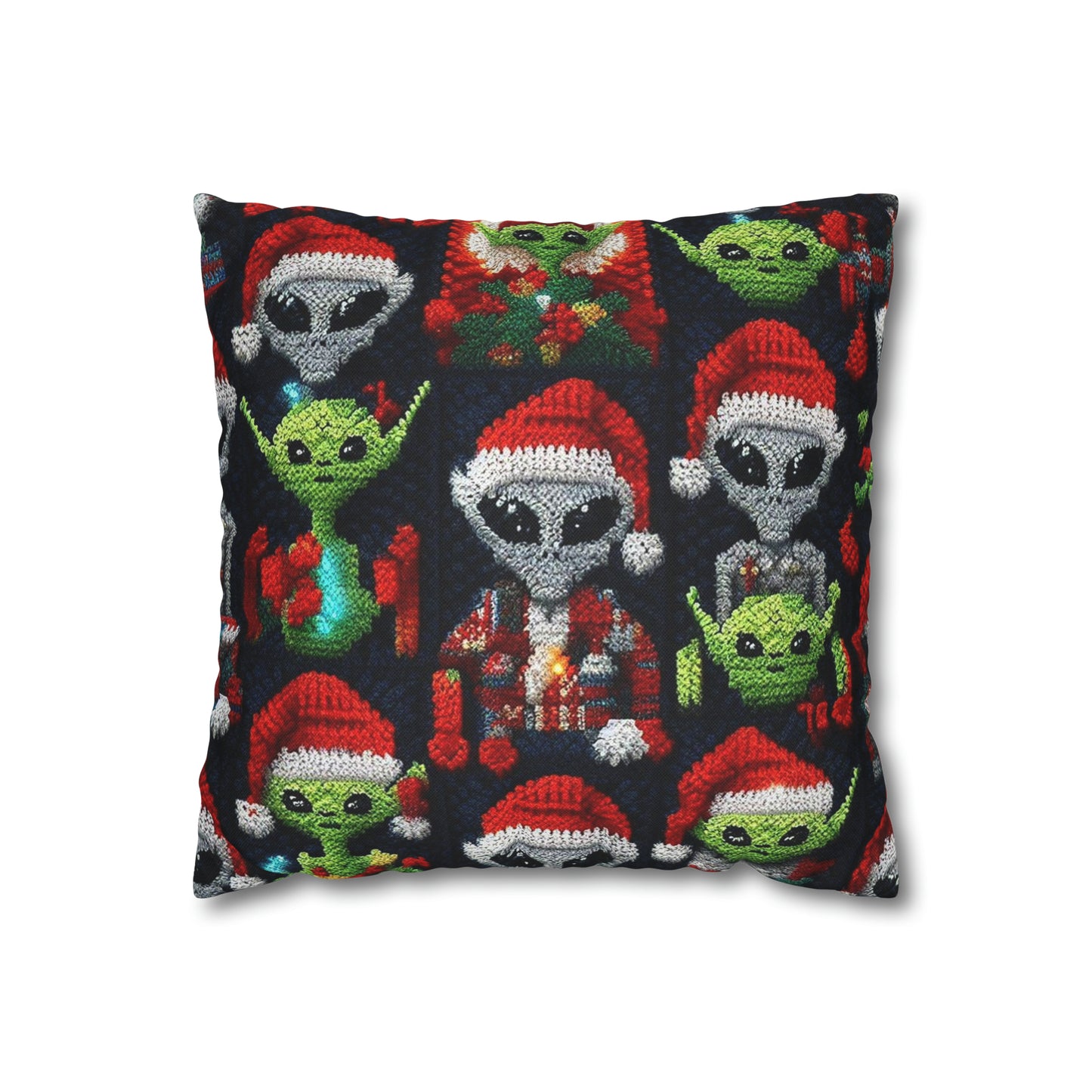 Festive Alien Invasion: Intergalactic Christmas Holiday Cheer with Santa Hats and Seasonal Gifts Crochet Pattern - Spun Polyester Square Pillow Case