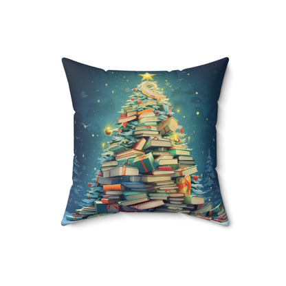 Book Worm Club Árbol de Navidad Temporada Vacaciones de Invierno - Almohada cuadrada de poliéster hilado