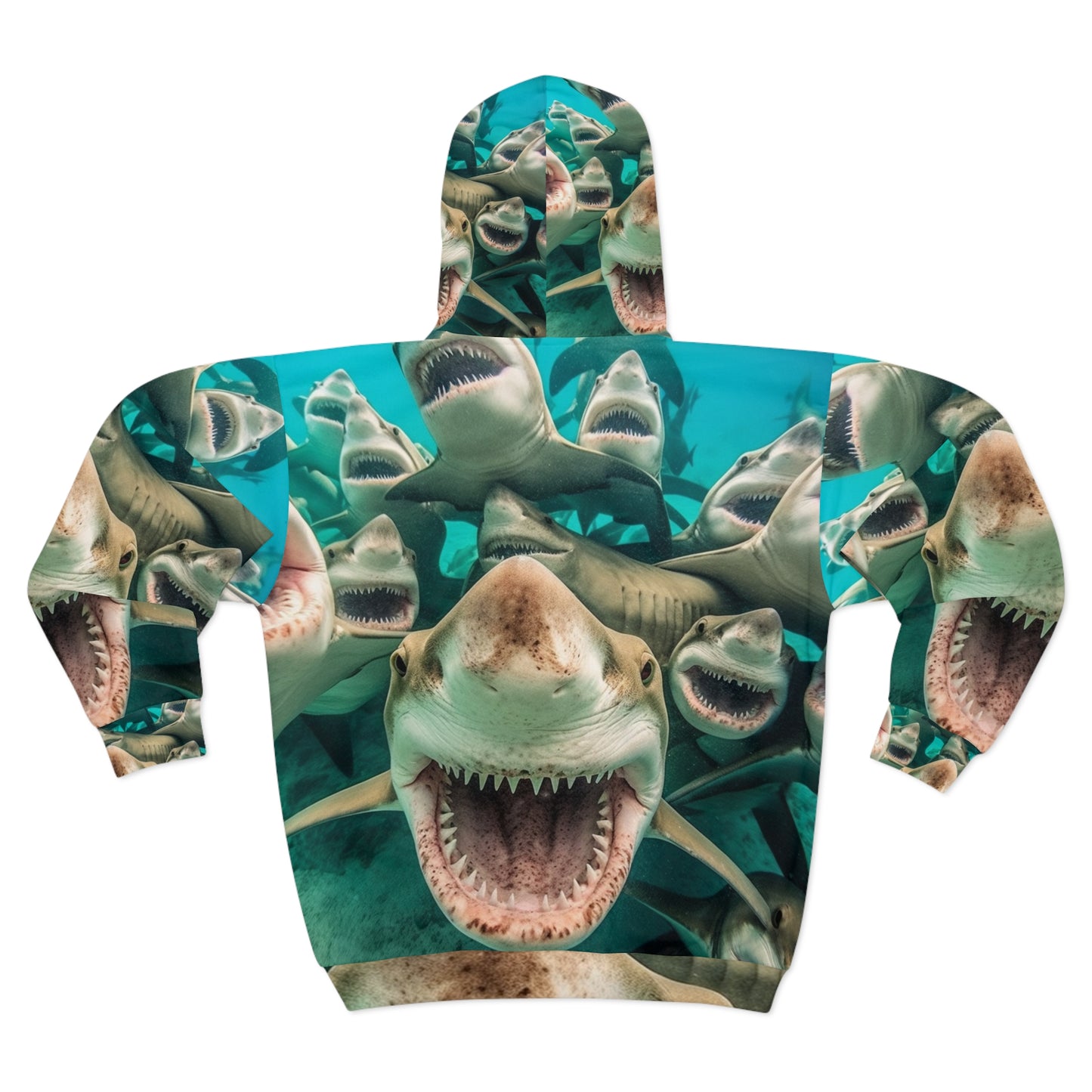 Laughing Lemon Sharks: Joyful Sea Jaws Ocean Deep - Unisex Zip Hoodie (AOP)