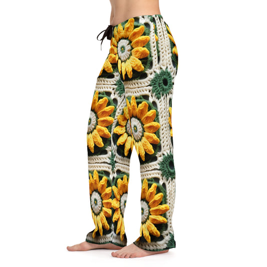Elegancia de crochet de girasol, diseño Granny Square, motivo floral radiante. Lleva la calidez de los girasoles a tu espacio: pantalones de pijama para mujer (AOP) 